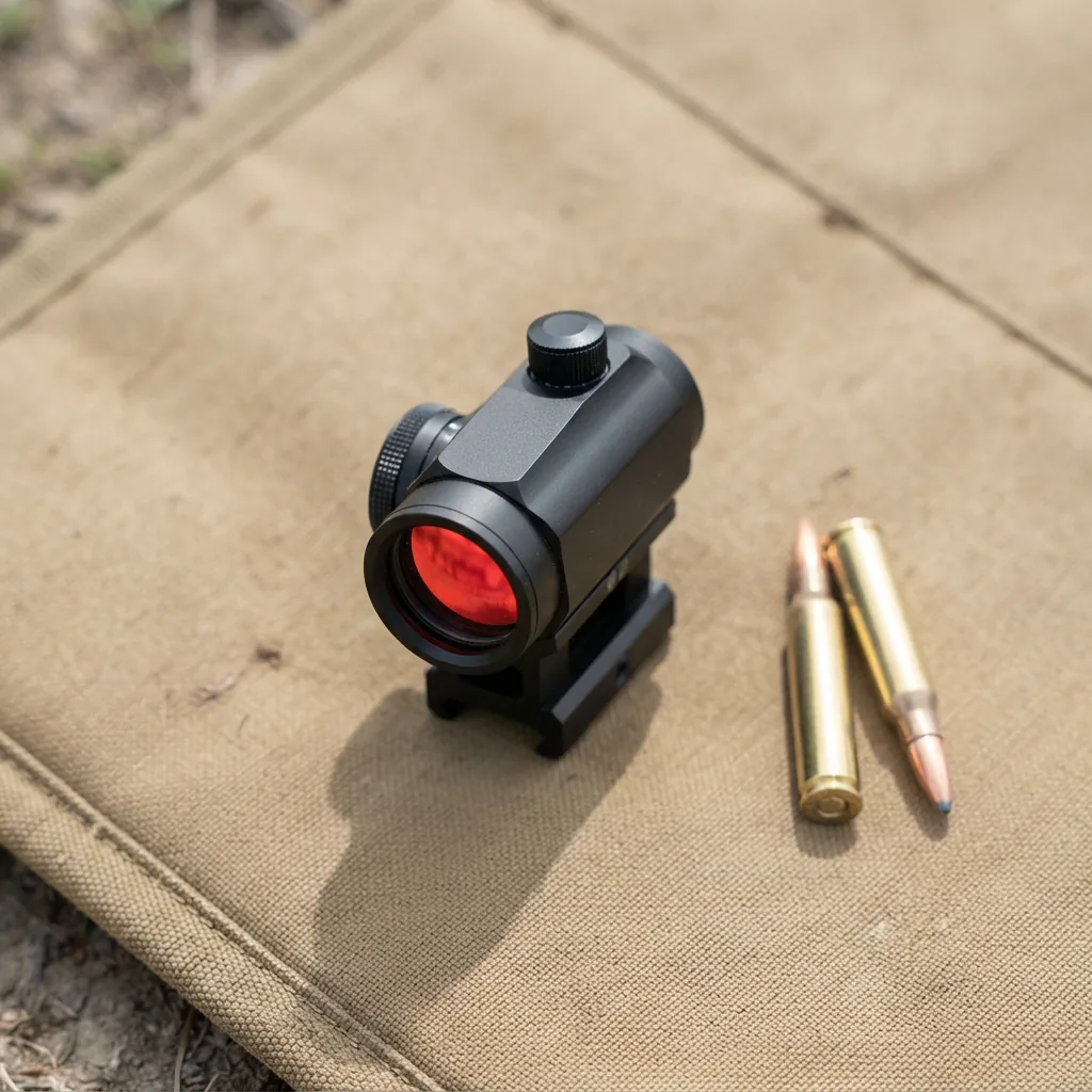 A compact Simmons Pro Target 1x20mm red dot sight displayed on a shooting mat with ammunition nearby.