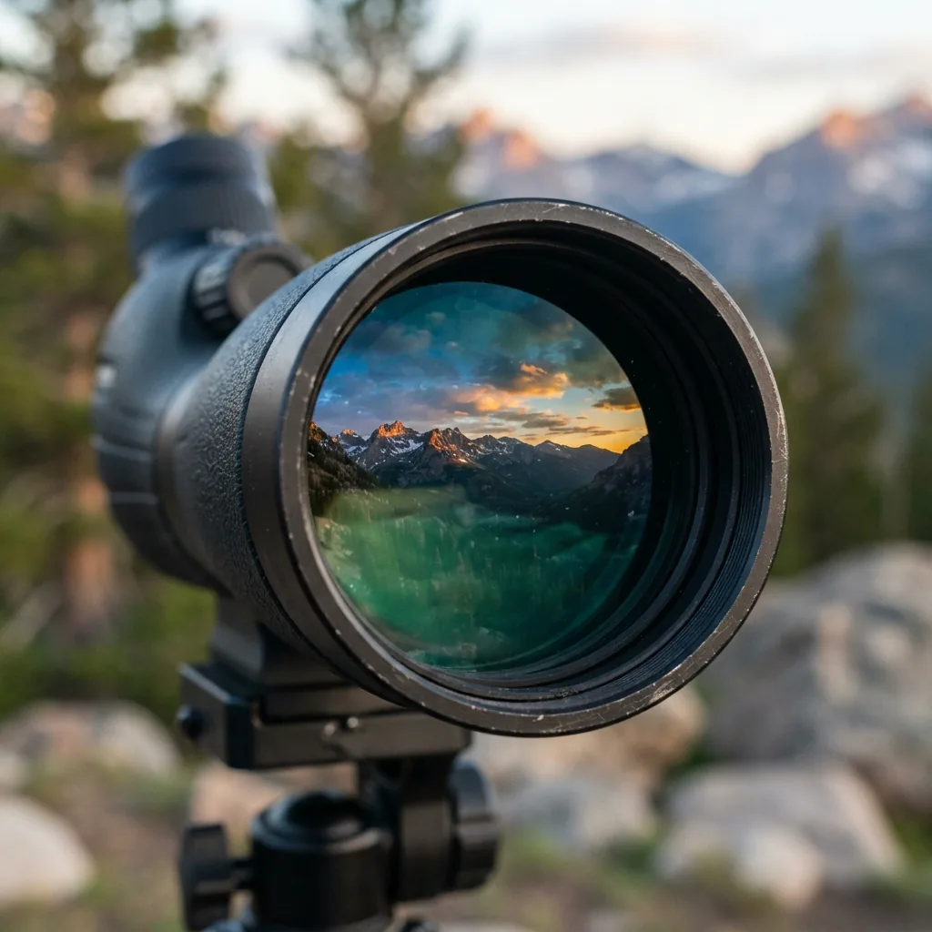 Close-up of a spotting scope objective lens reflecting a mountain landscape at dawn.