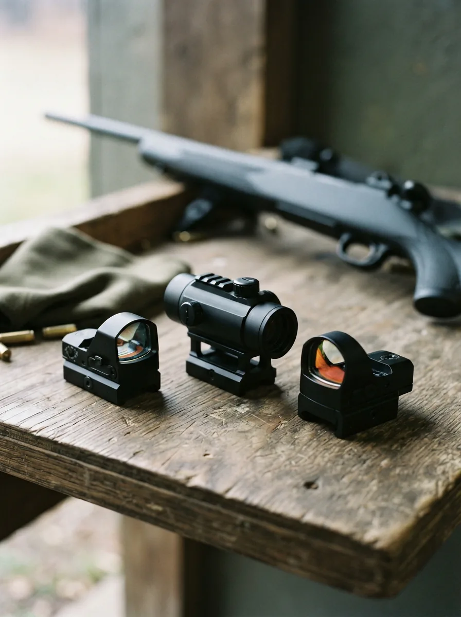 A collection of Simmons Pro Target red dot sights arranged on a wooden surface with a rifle in the background.