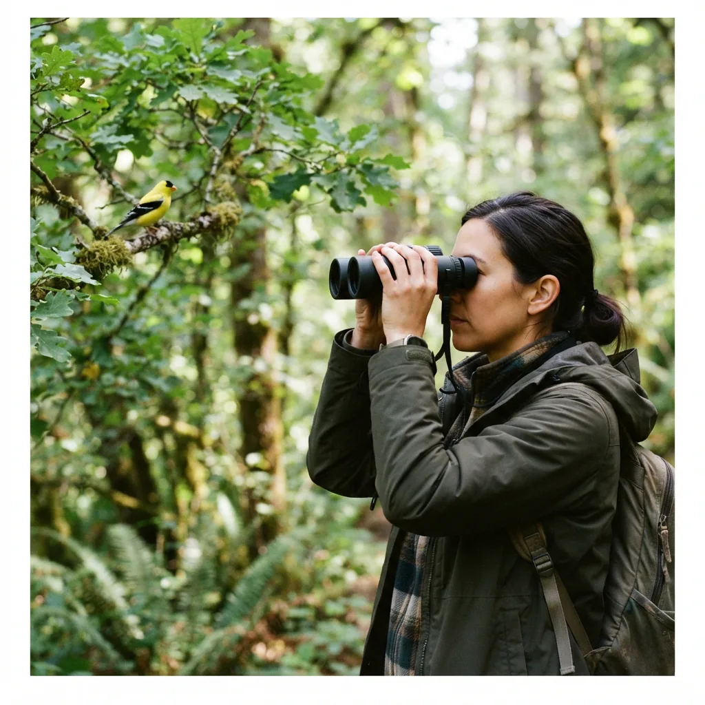 Birdwatcher using Simmons binoculars to observe a bird perched in a tree.