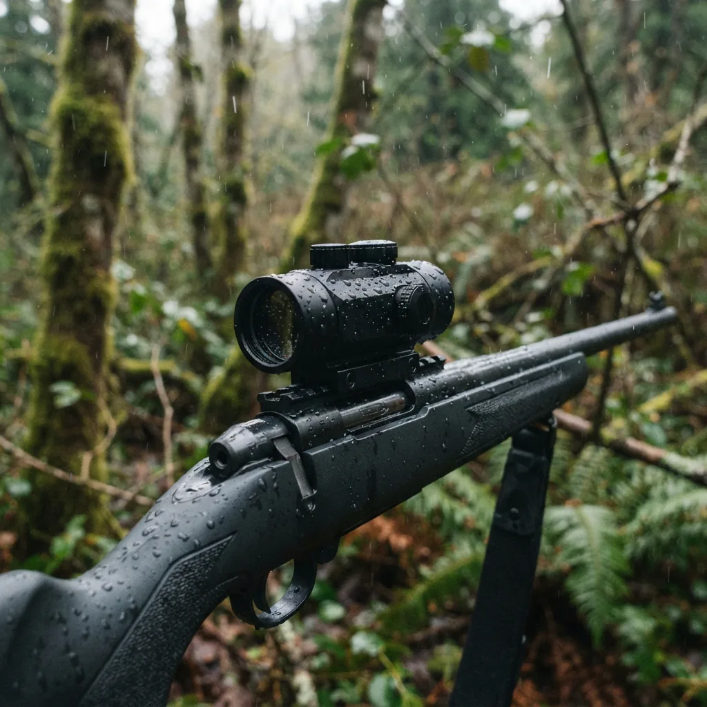 A red dot sight mounted on a rifle outdoors in a light rain shower, demonstrating its waterproof capability.