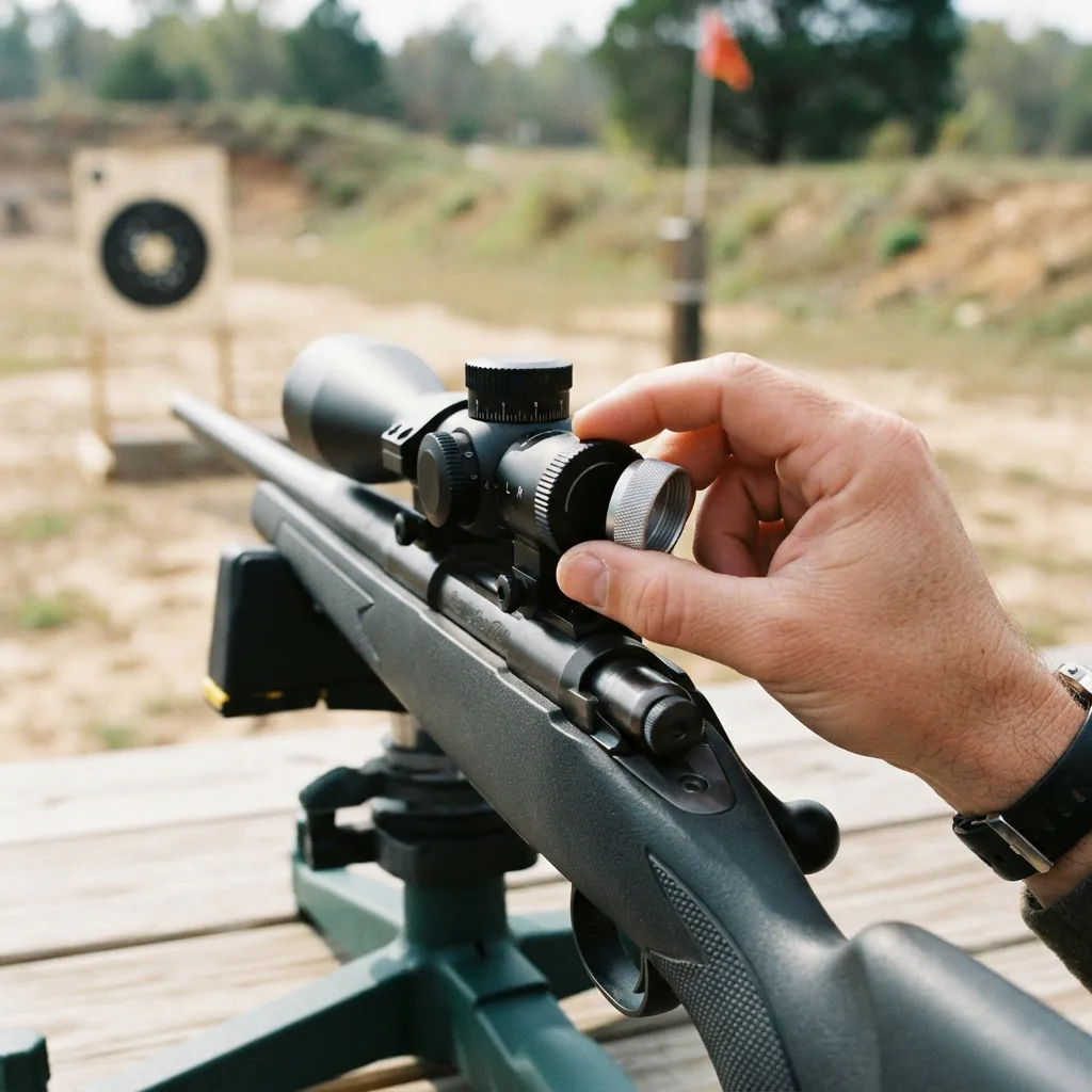 Hand adjusting the windage turret on the Simmons Pro Hunter scope at a shooting range.