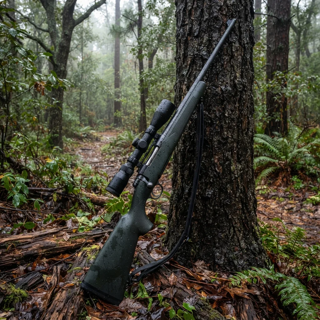 The Simmons Pro Hunter riflescope mounted on a rifle that is leaning against a tree in a damp, wooded setting.