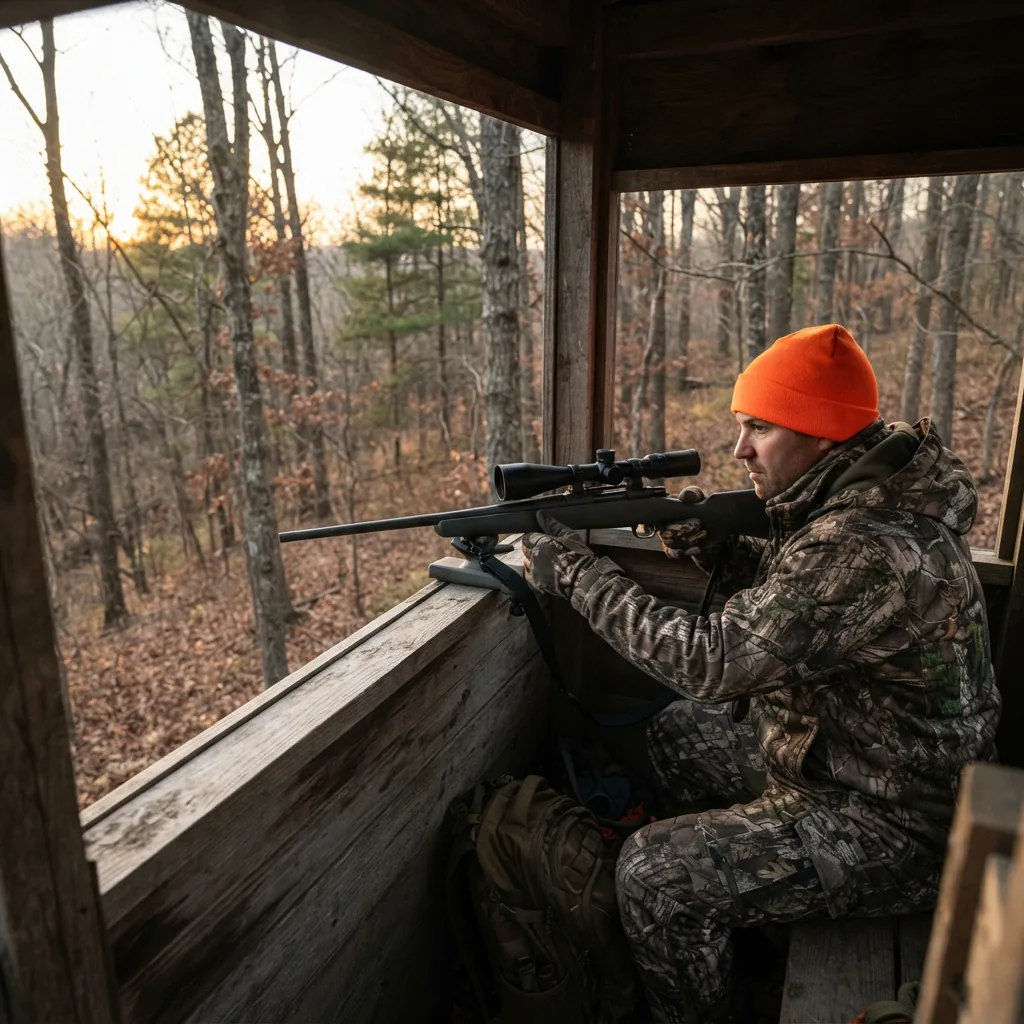 A hunter in camouflage sitting in a deer stand, with the Simmons Pro Hunter riflescope mounted on their rifle.