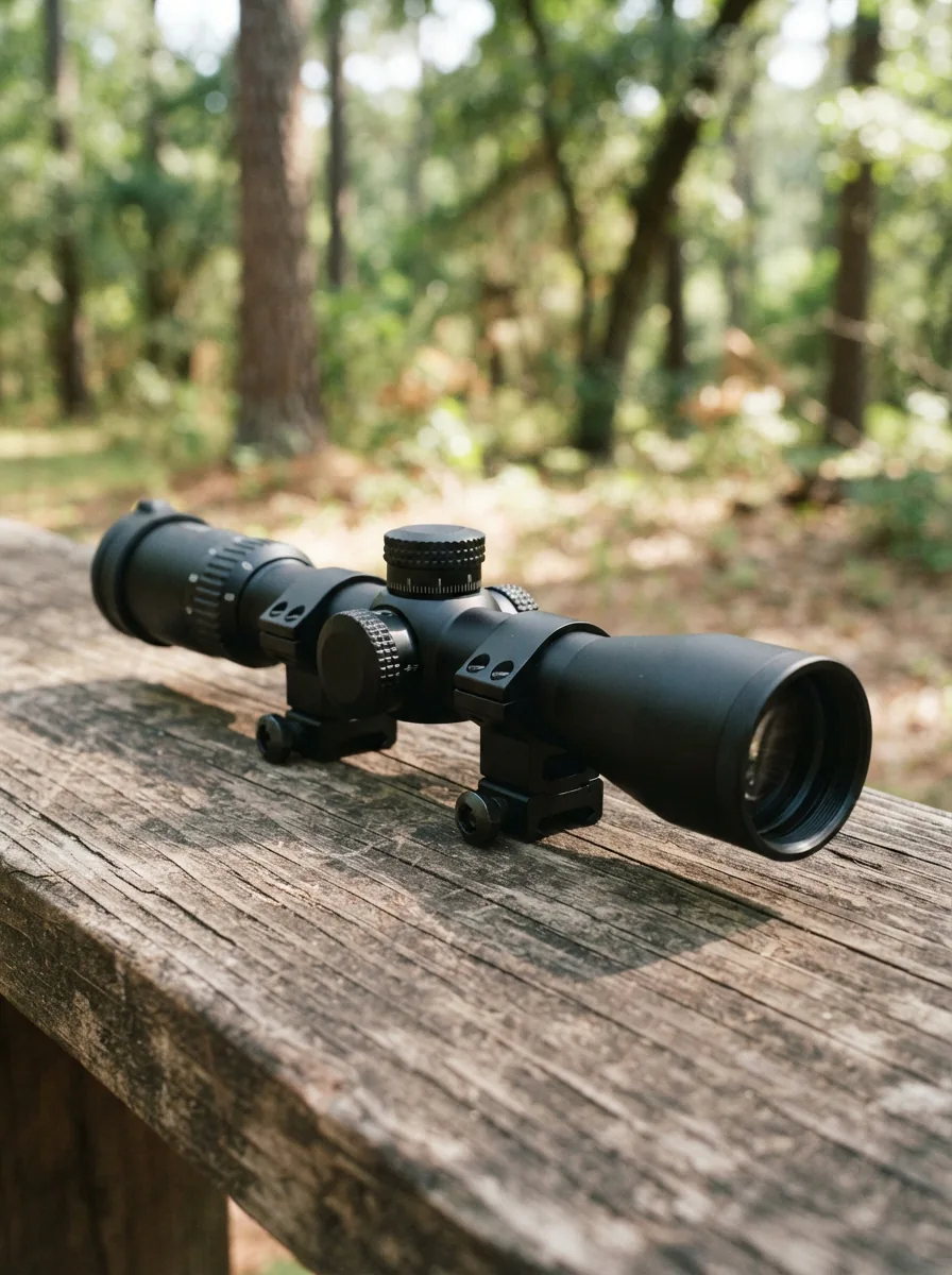 The Simmons Pro Rimfire 3-9x32mm Riflescope displayed prominently on a wooden surface with a natural outdoor background.