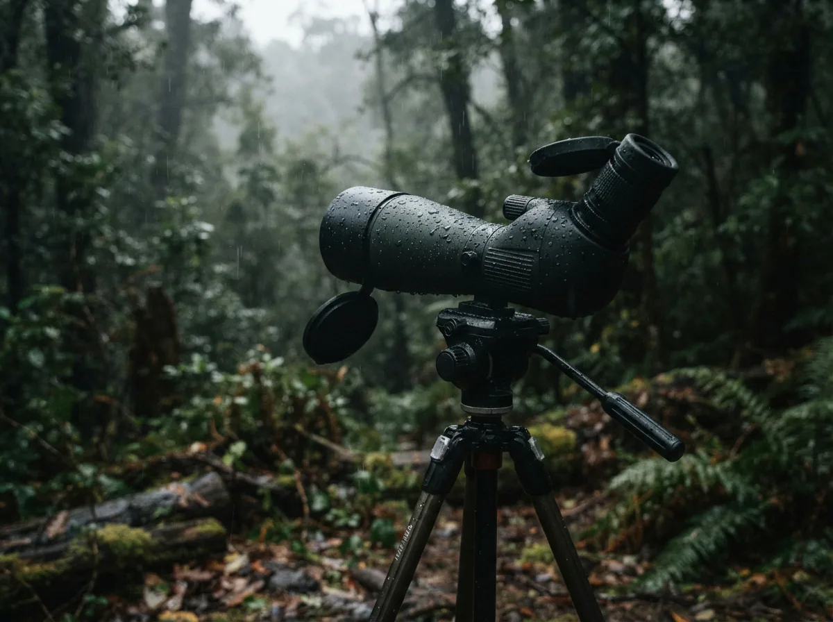 The Simmons Pro Hunter 20-60x60 waterproof spotting scope shown in a rainy outdoor setting with droplets on the body.