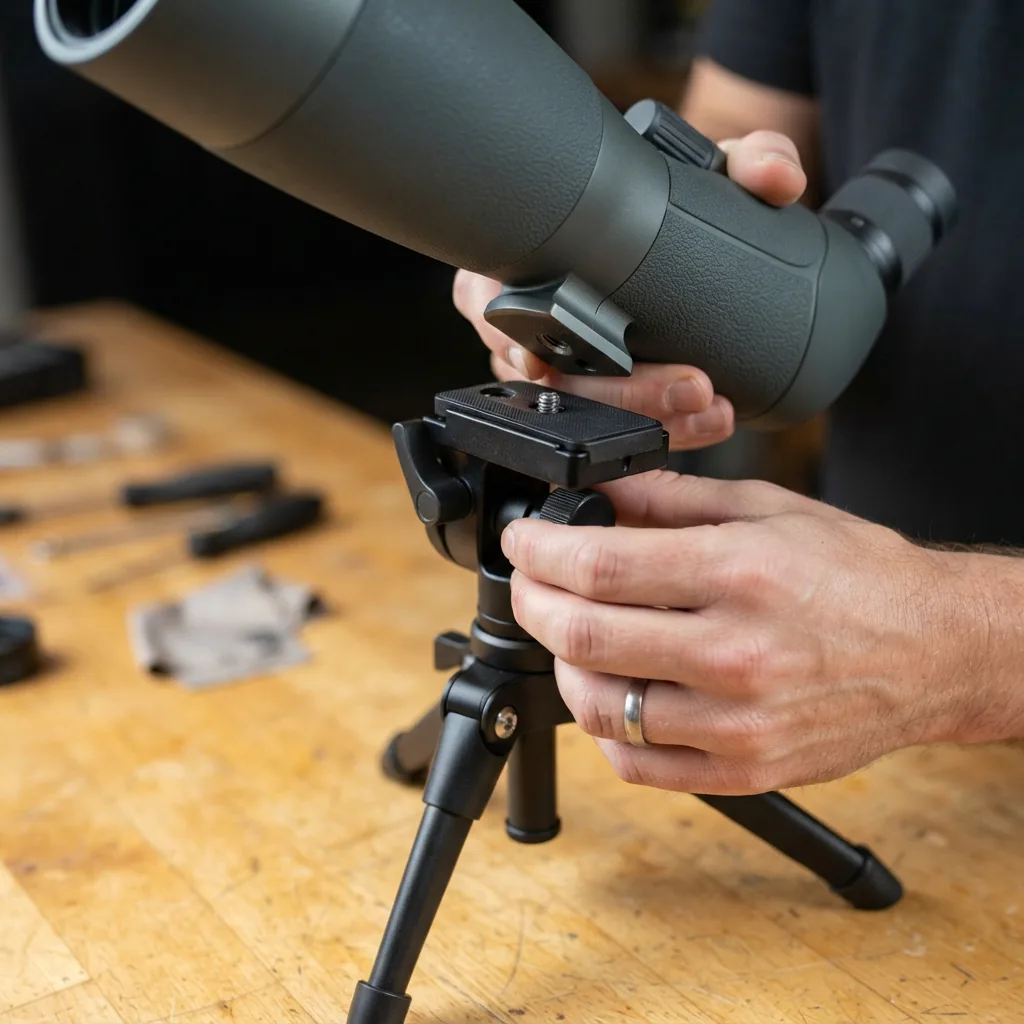 Hands screwing the Simmons Venture spotting scope onto its included tripod mount.