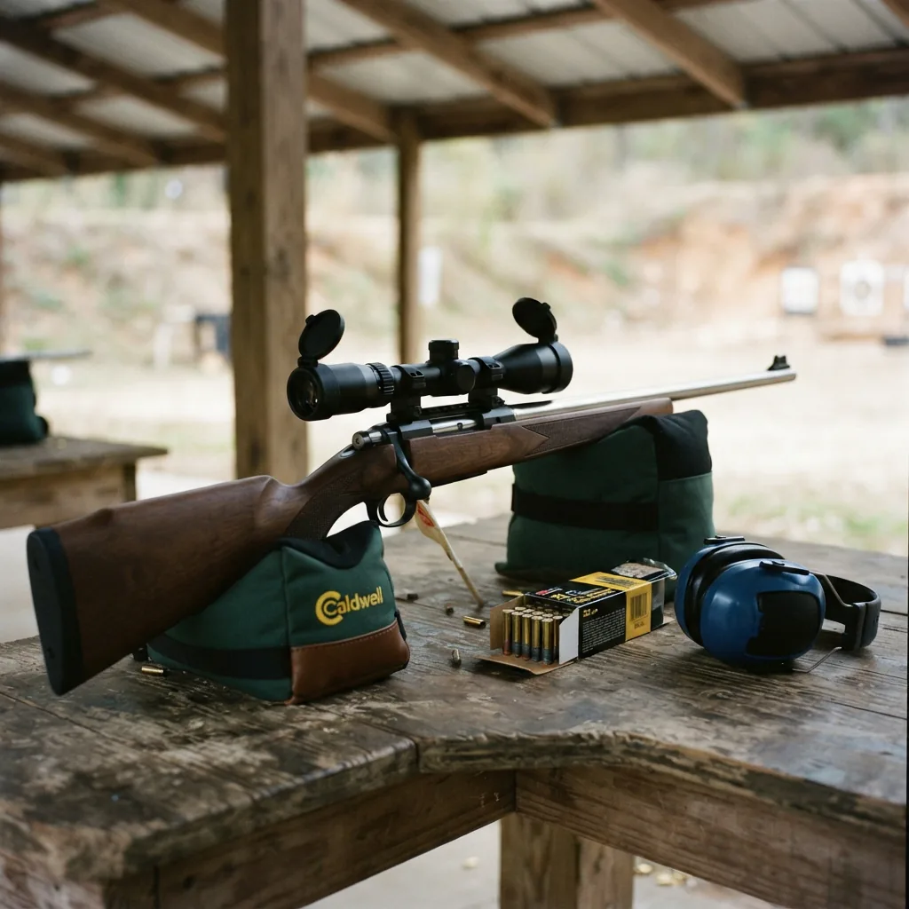 A rimfire rifle with a mounted scope resting on a shooting bench.