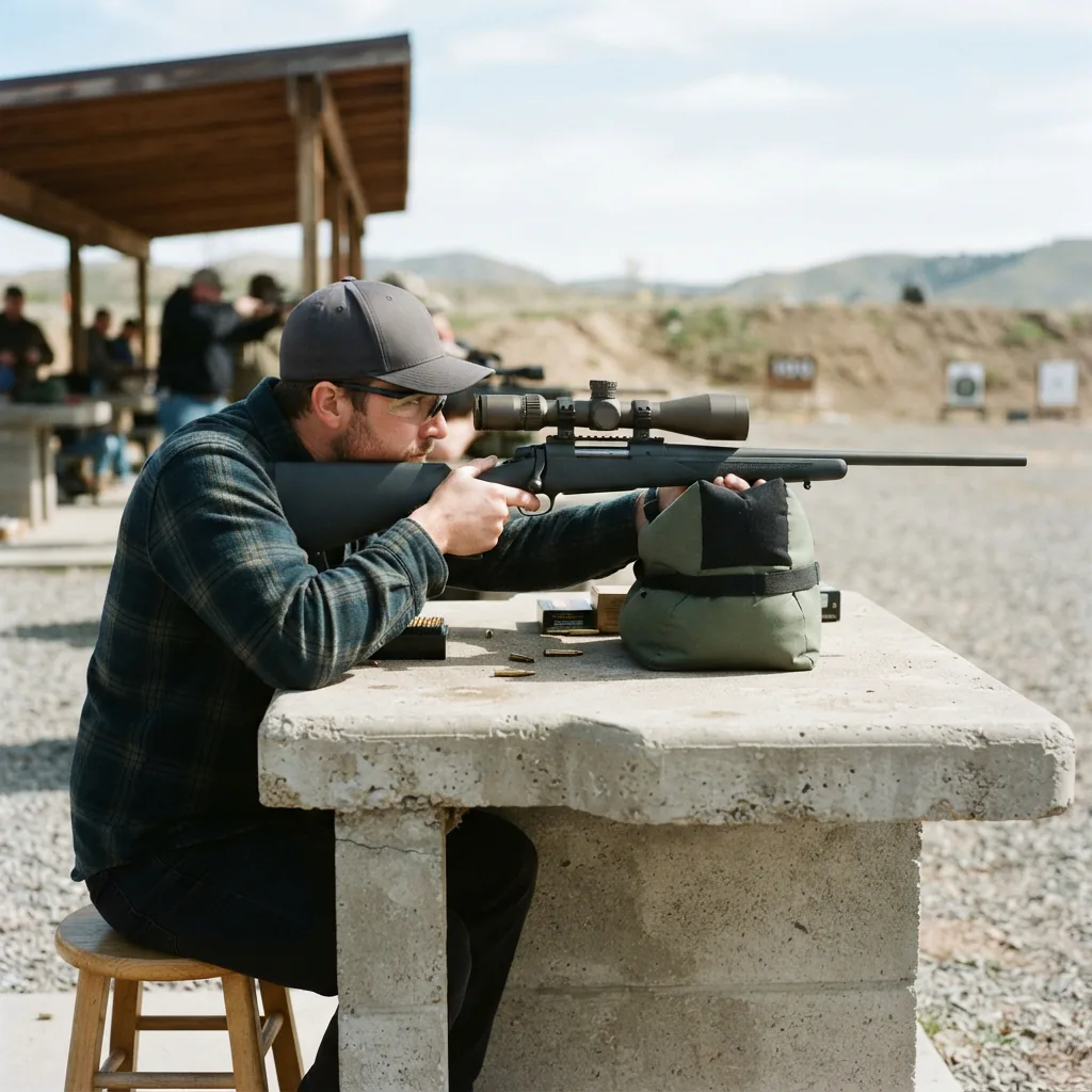 A target shooter at a bench with a scoped rifle