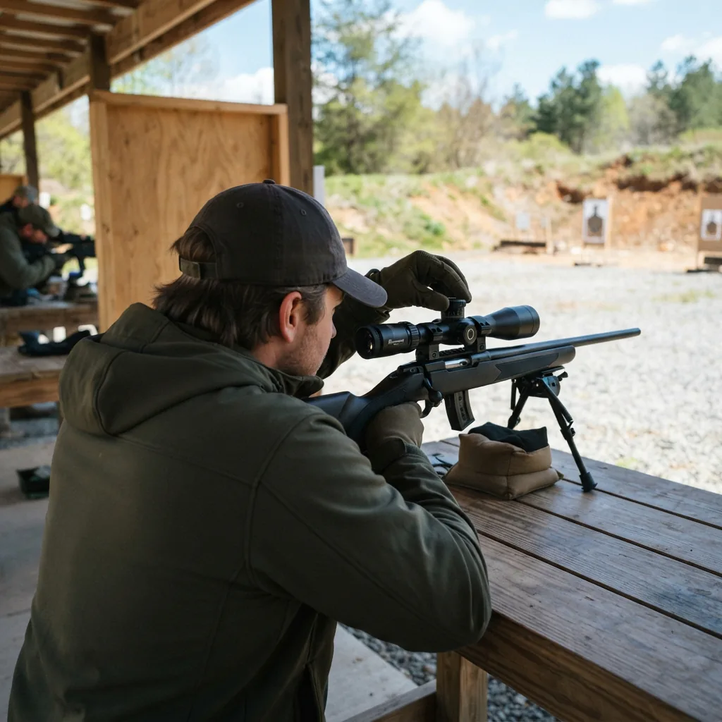 Shooter at a range adjusting the turrets on the mounted Simmons Pro Rimfire scope.