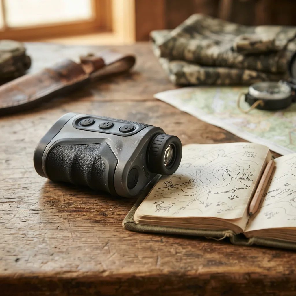 Simmons Venture 6x20mm Laser Rangefinder shown next to a pocket field guide.