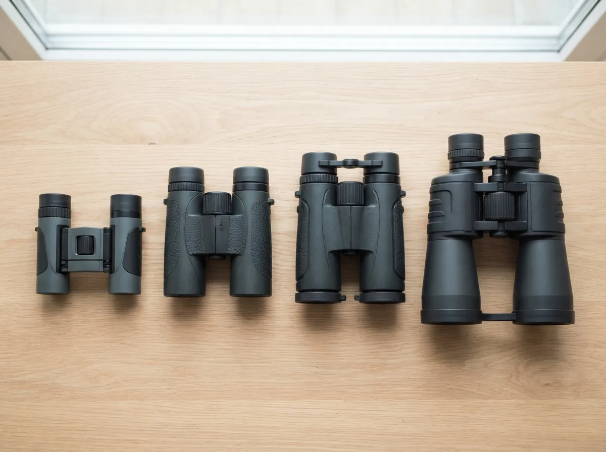 An overhead view displaying various Simmons binoculars arranged to show different sizes.