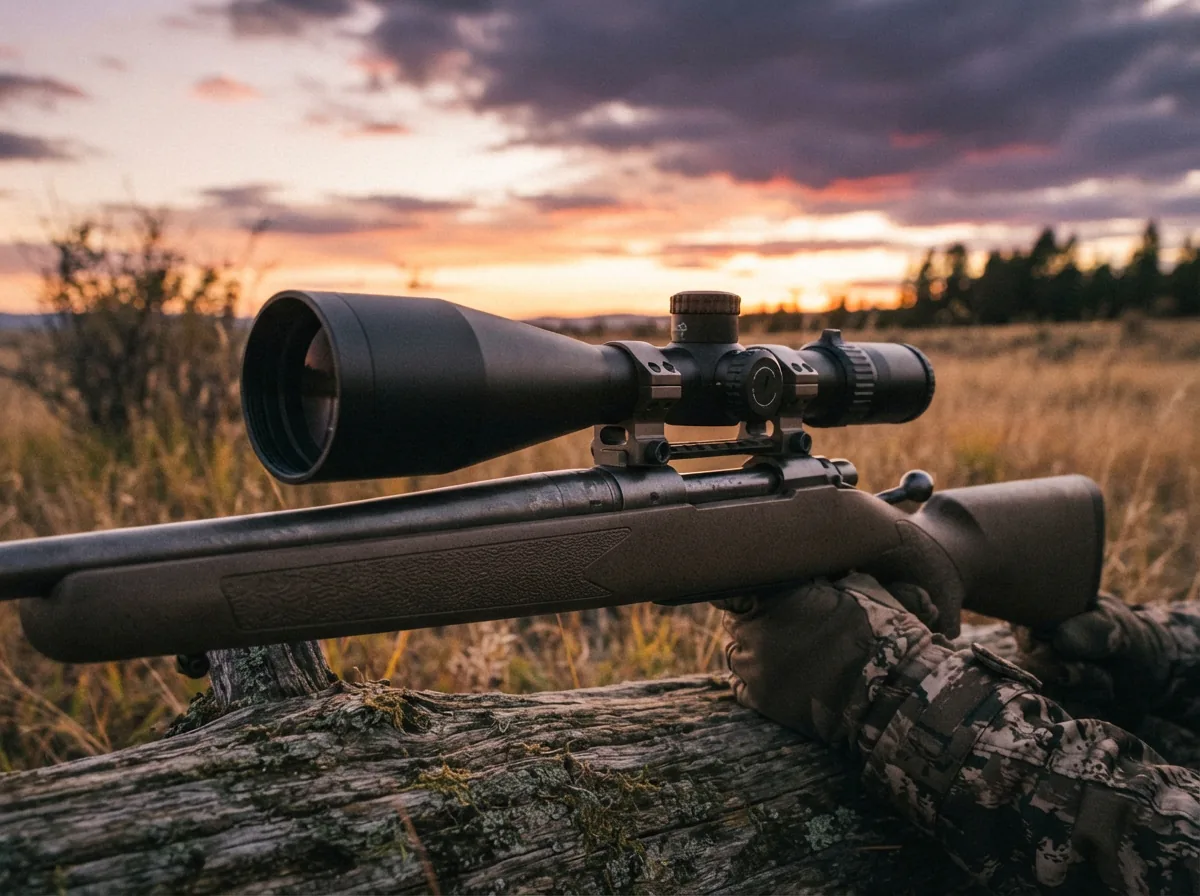 Simmons Pro Hunter 6-18x50mm Riflescope in a hunting scenario at dusk.