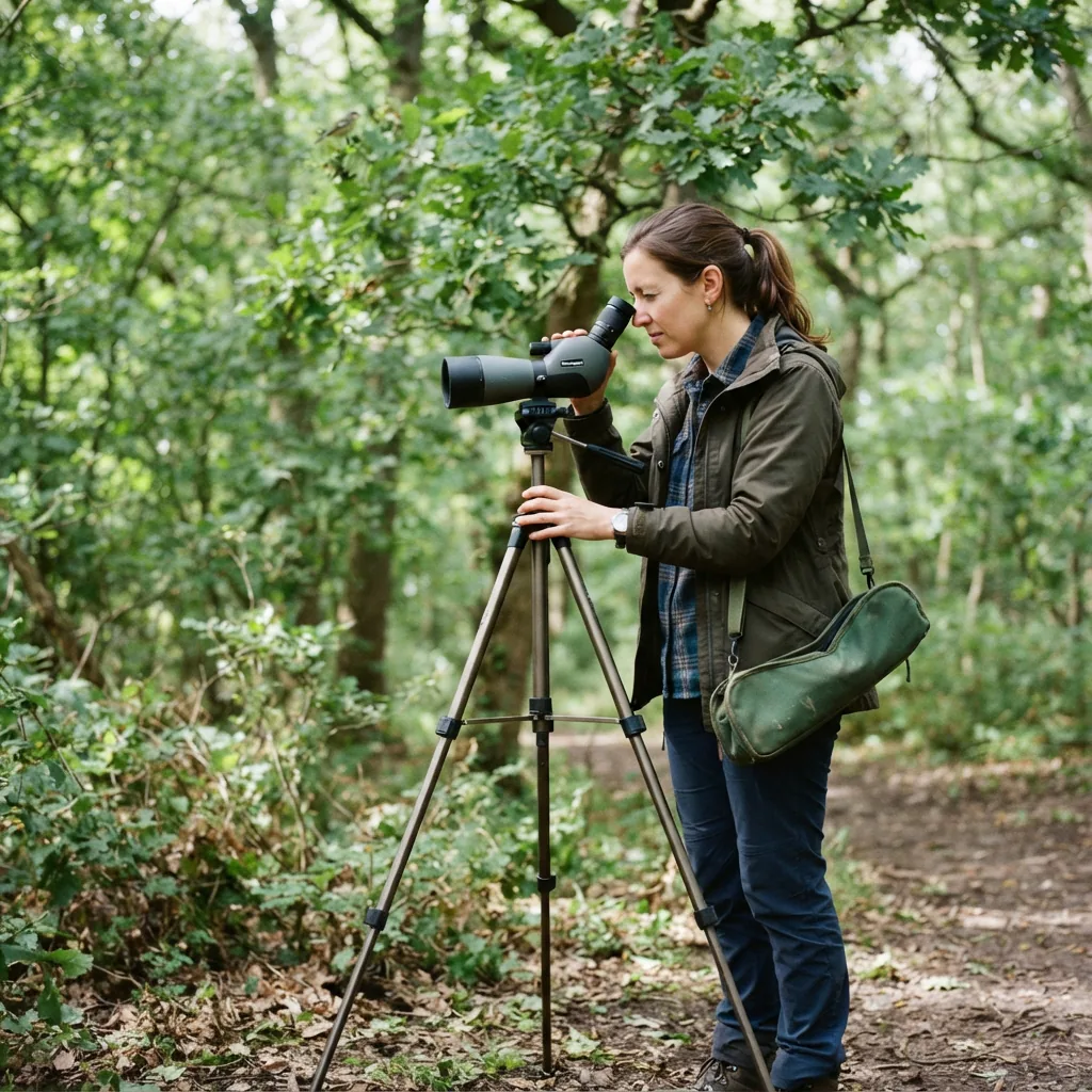 A birder using the Simmons Venture spotting scope on a tripod to observe birds in a wooded area.
