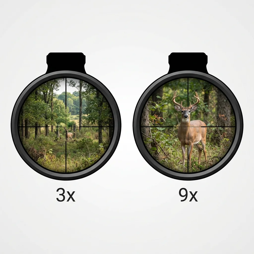 Diagram showing different magnification levels on a riflescope view