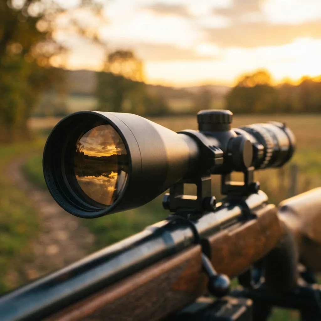 A riflescope objective lens catching the golden light of a setting sun, emphasizing low-light performance.