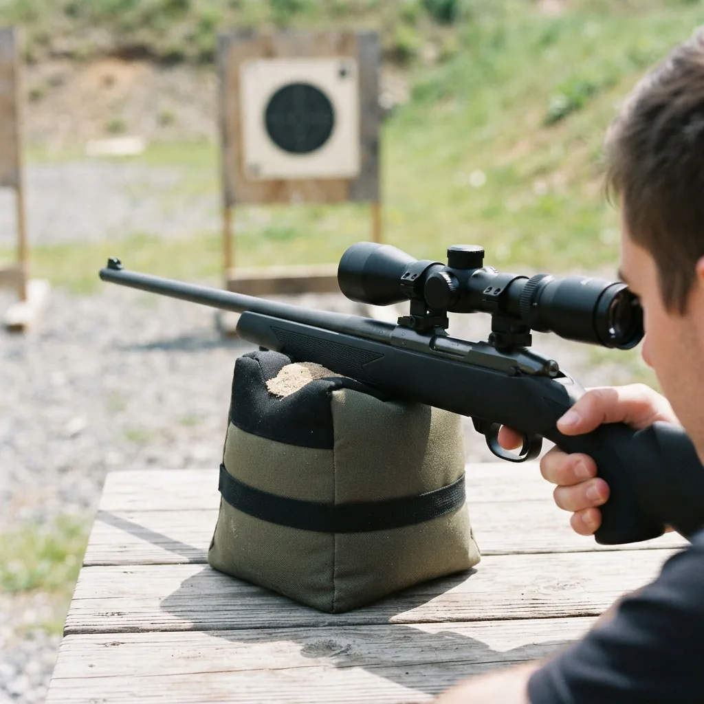 Rimfire rifle with Simmons scope aimed at a paper target on a range.