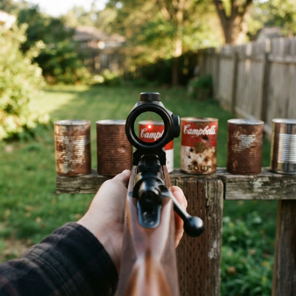 The Simmons red dot sight on a rifle aimed at tin cans on a fence post.