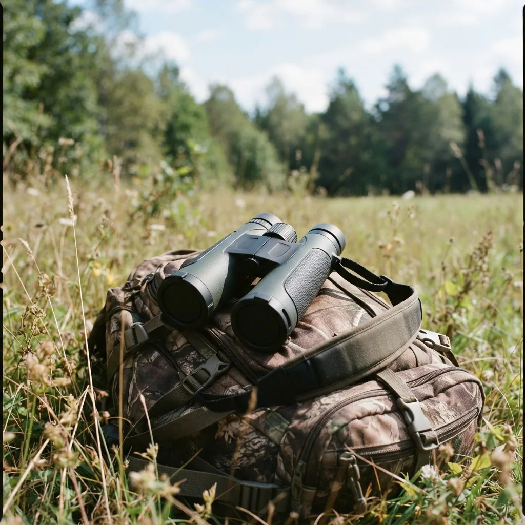 The PRO Hunter 10X42MM binocular resting on a hunter's backpack in a field setting.