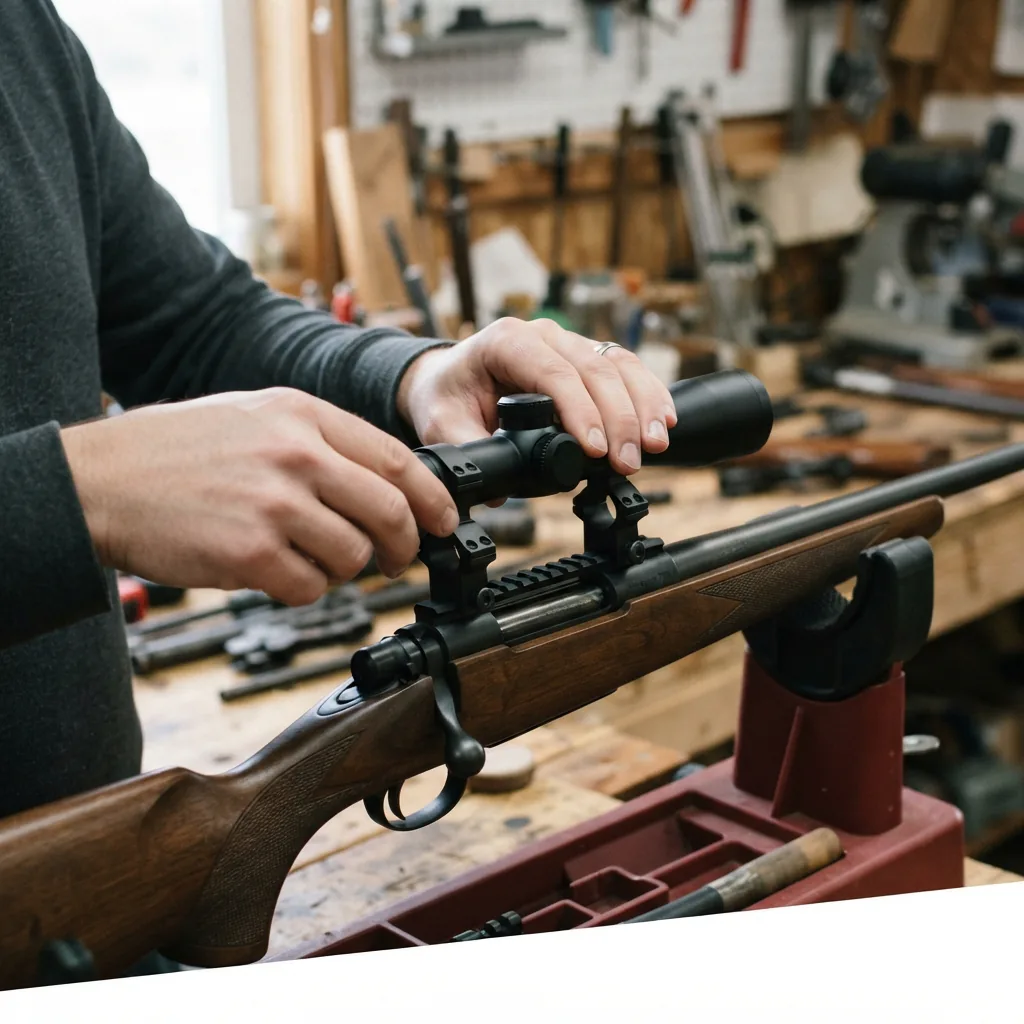 The Simmons riflescope being carefully placed into the open rings on a rifle.