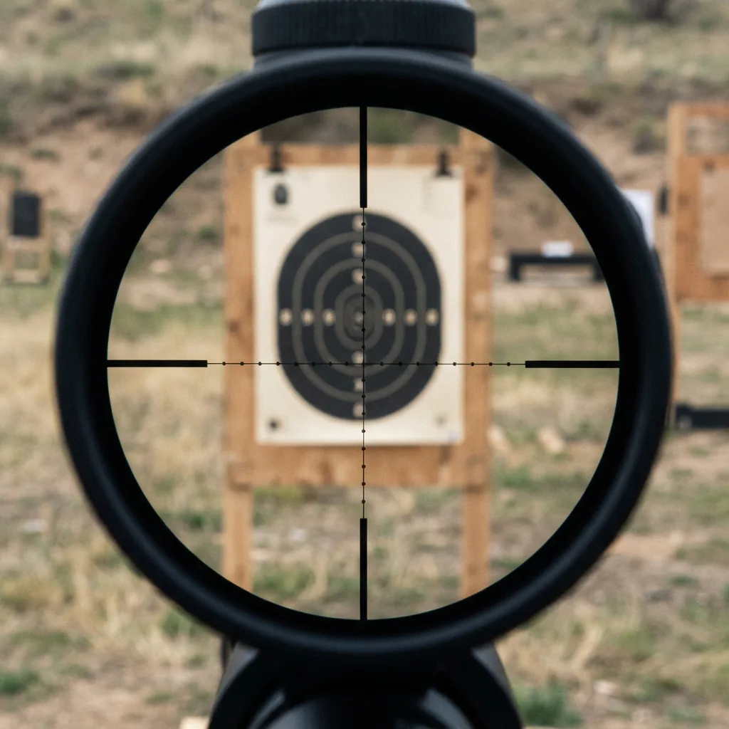 A view through a riflescope reticle, showing clear crosshairs with Mil Dot markings against a target background.