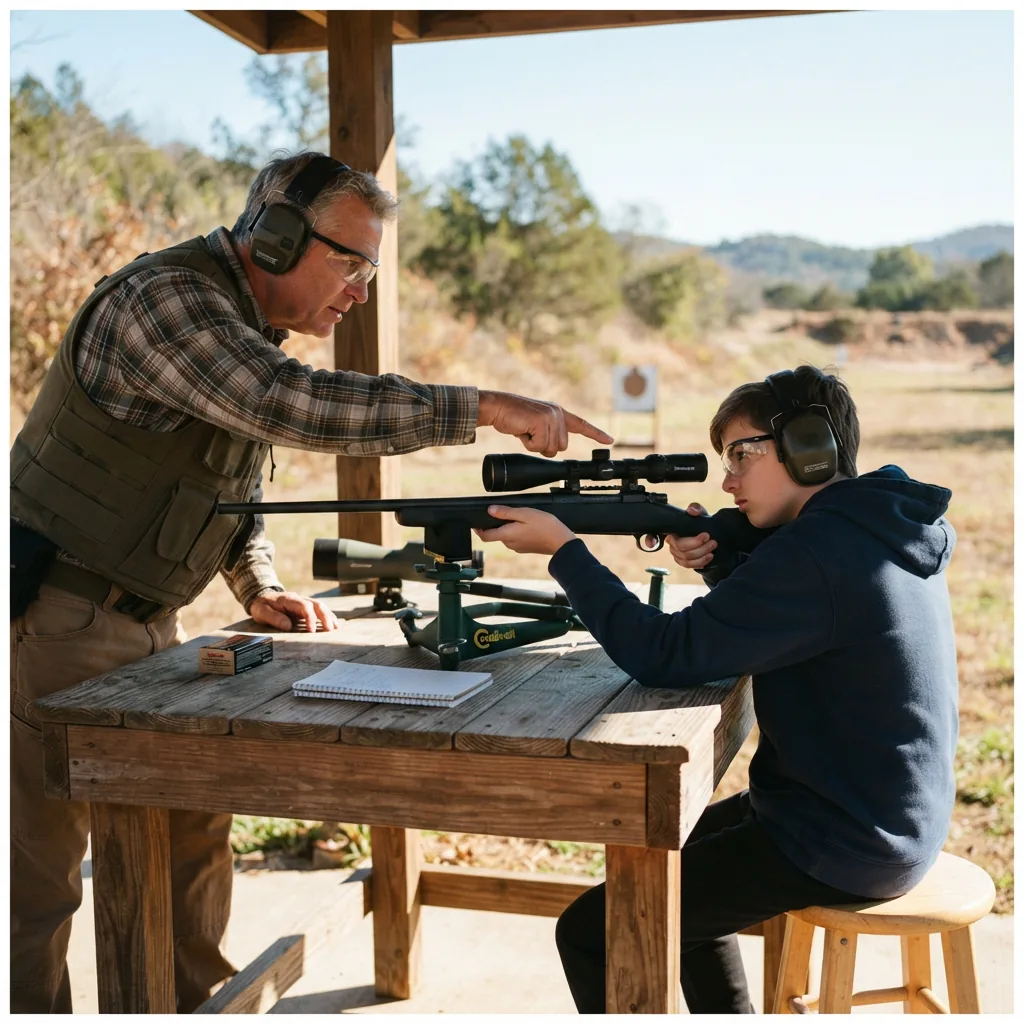 An experienced shooter guiding a beginner who is looking through the Simmons ProTarget scope on a rifle at a bench.