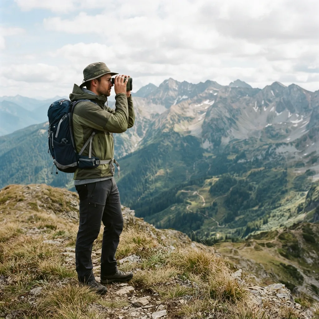 A hiker using the rangefinder to measure the distance to a distant ridge or landmark.