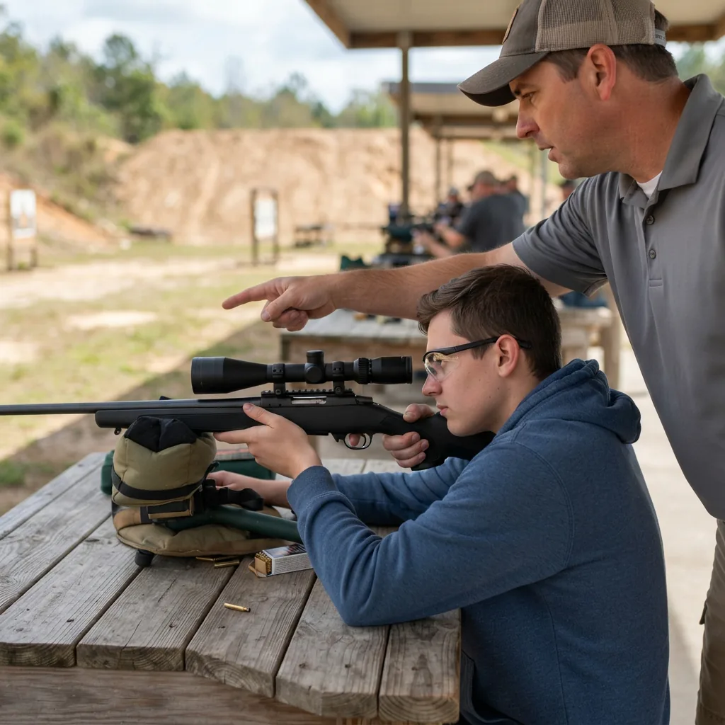 A new shooter being guided while using a rimfire rifle with the Simmons scope.