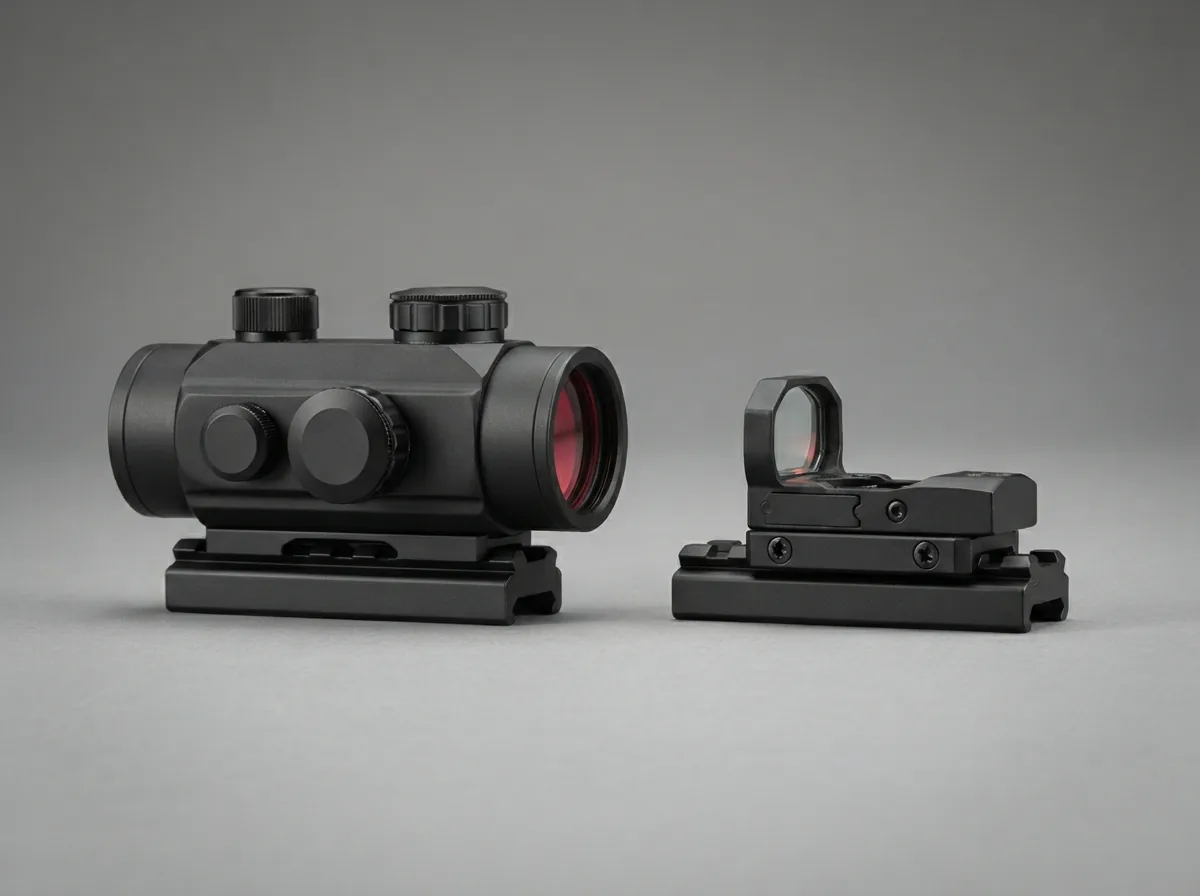 A visual comparison showing the profile of a tube-style red dot sight next to a reflex-style red dot sight.