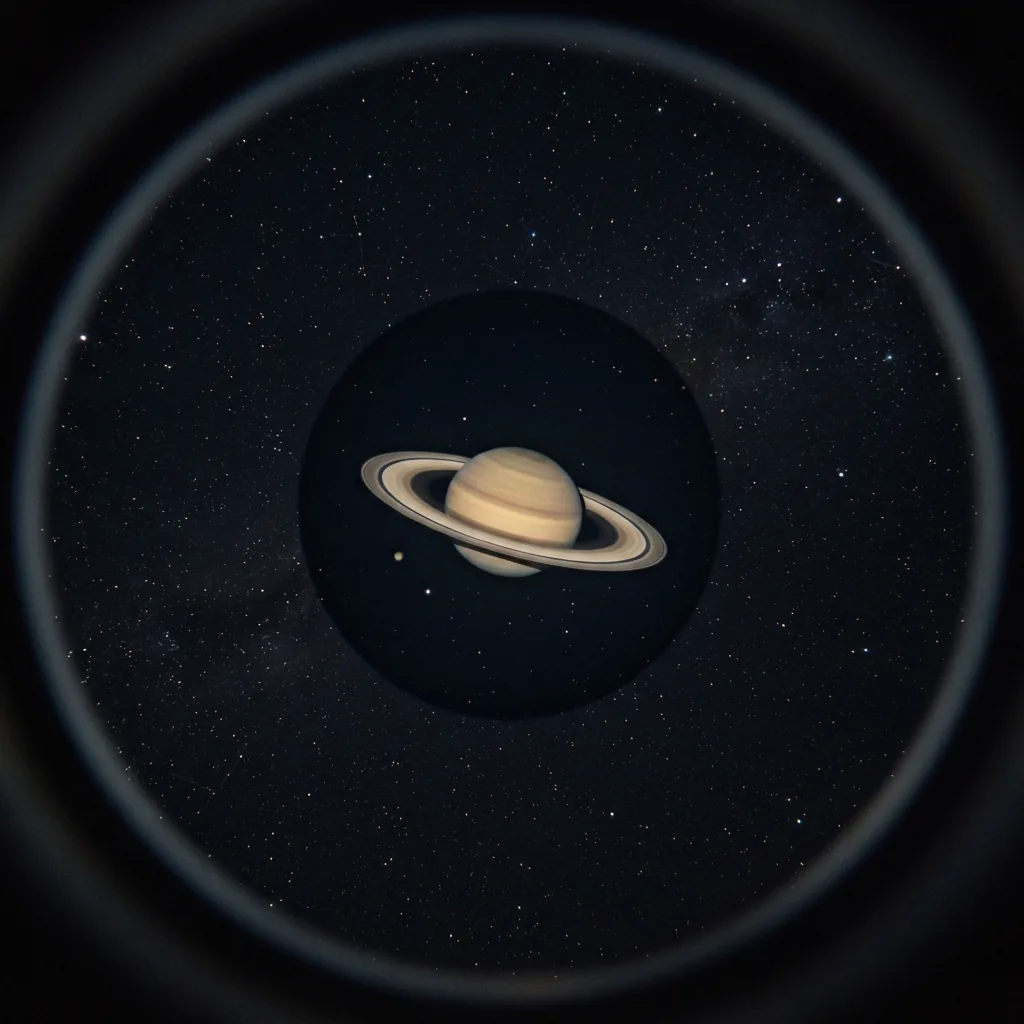 A view through a telescope eyepiece showing a bright planet.