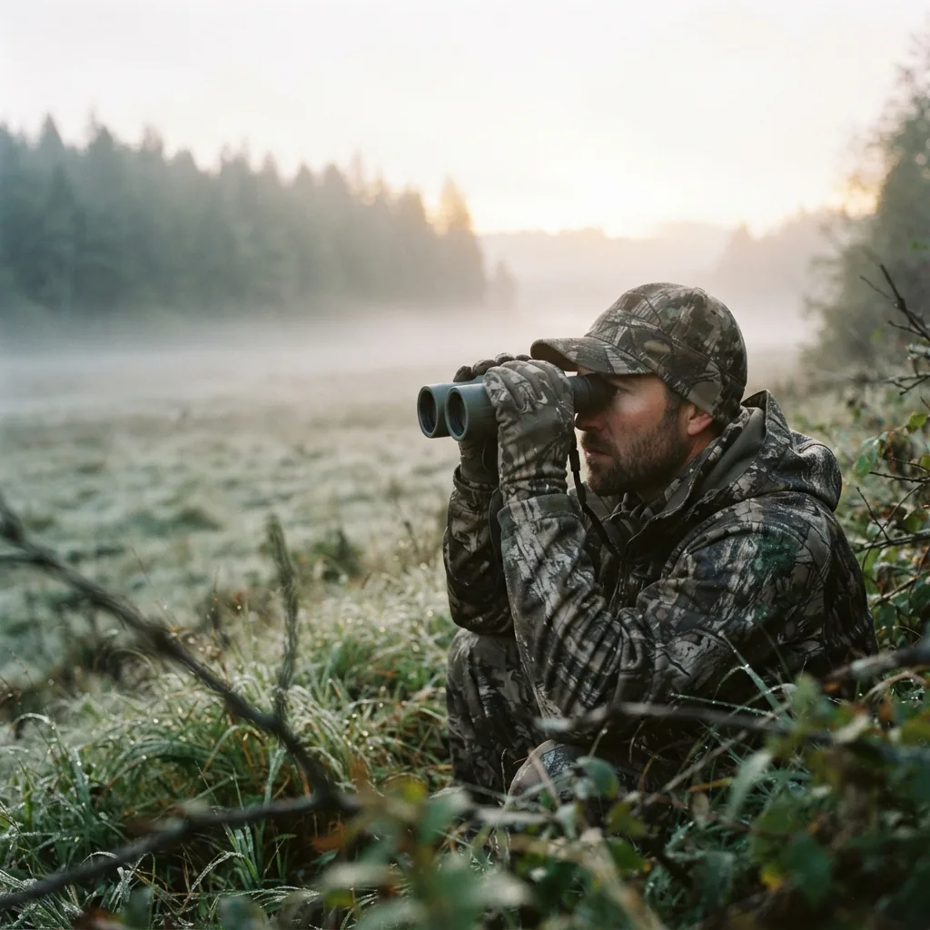 A hunter in a field at dawn, using the Simmons 10x50 binoculars to scan a distant tree line.