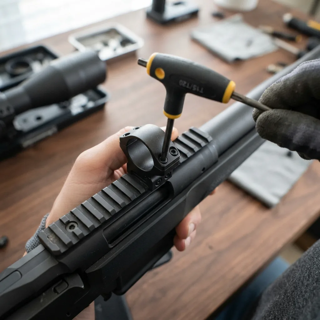Rifle scope rings being securely attached to a rifle's receiver rail using a tool.