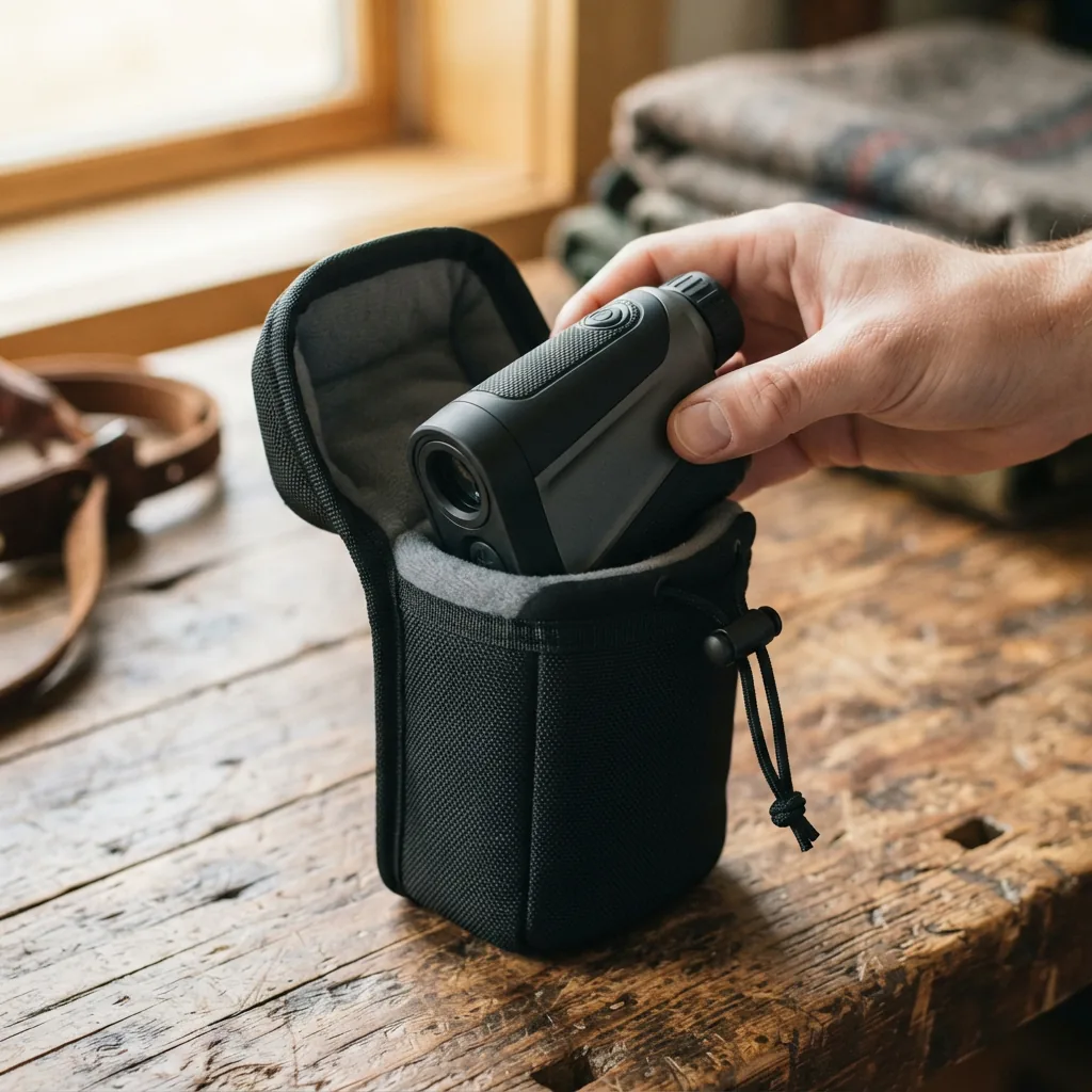The rangefinder being placed into a protective carrying case.