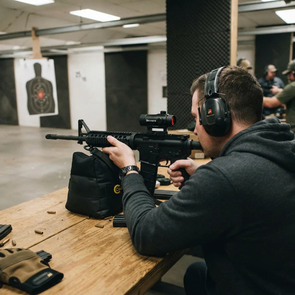 A shooter at a range bench, using a rifle with a red dot sight on a target downrange.