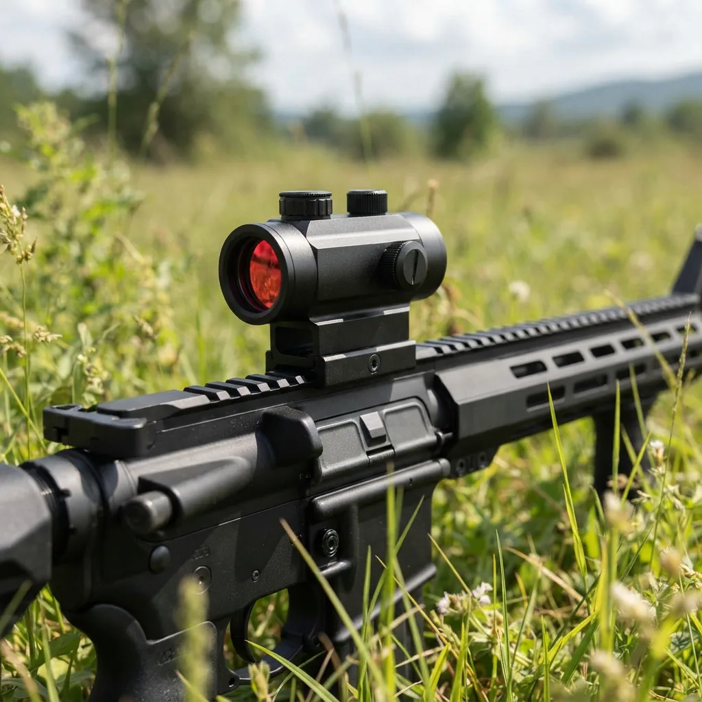 The Simmons Pro Target Tube Red Dot SPTTD120 1x20mm mounted on a carbine rifle in an outdoor setting.