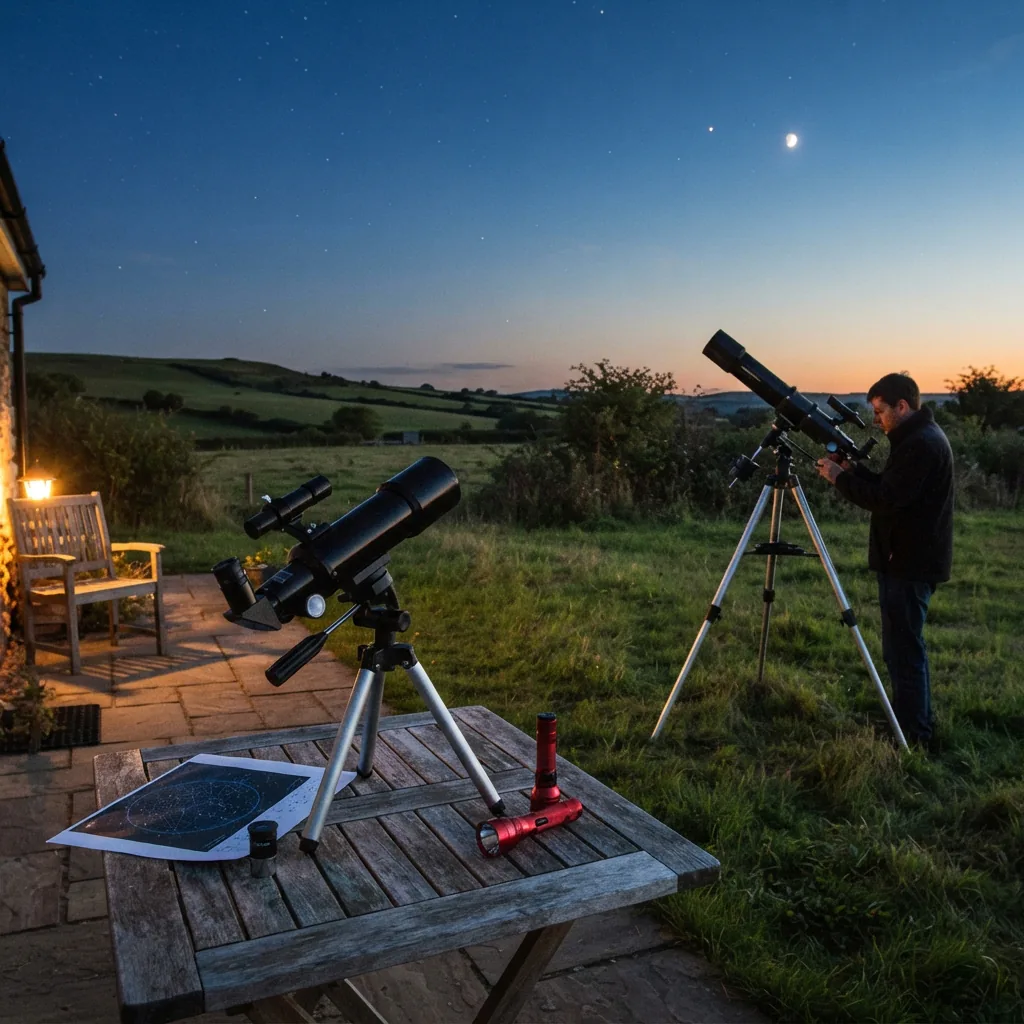 A telescope set up on a backyard patio table next to a telescope on a tripod in a field.