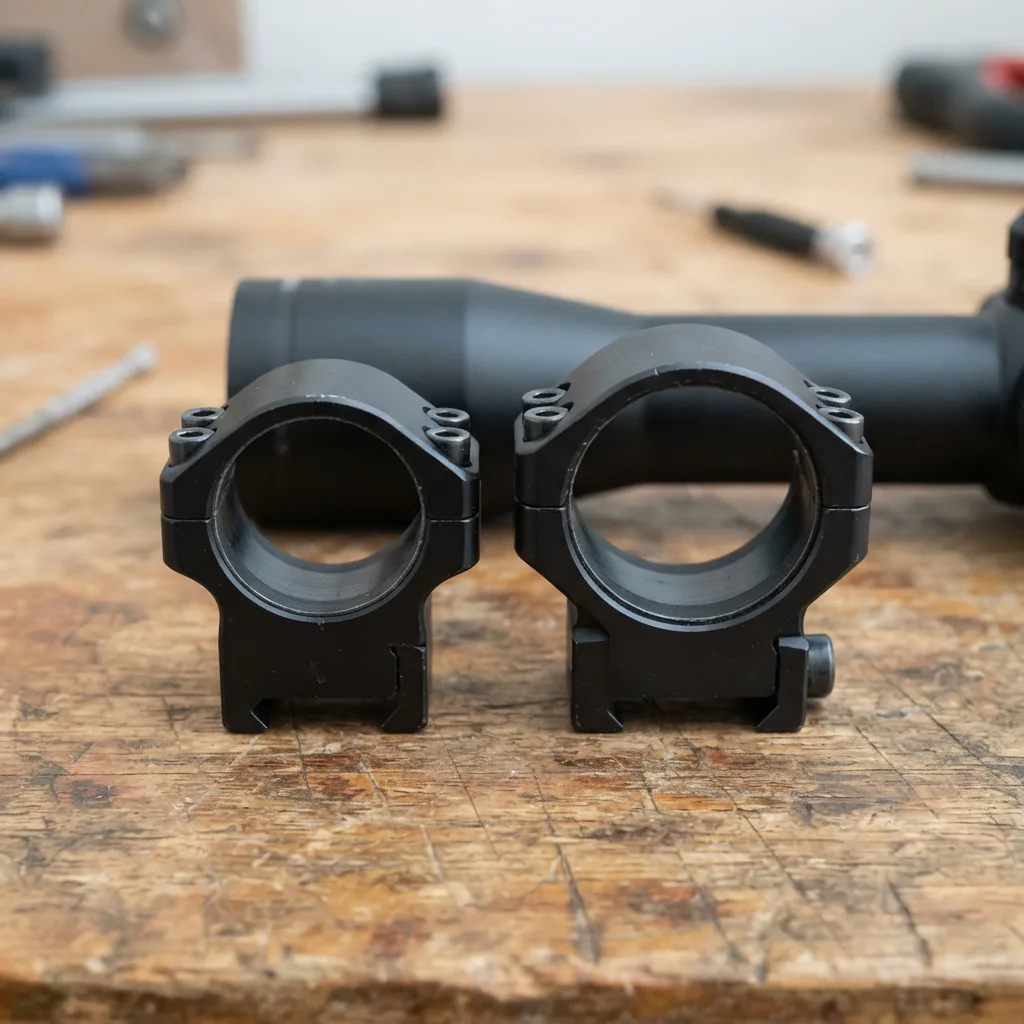 A close-up comparison of 1-inch and 30mm scope rings next to a riflescope tube.