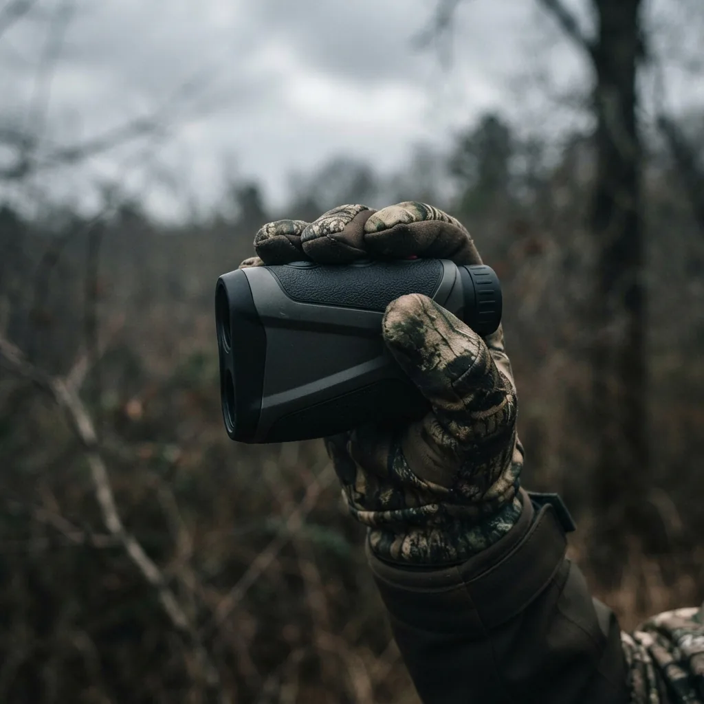 Simmons Pro Hunter 1000 Yard Range Finder held in a gloved hand.