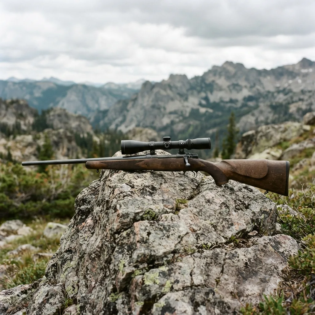 A rugged bolt-action rifle with a Simmons scope mounted, resting on a rock in a mountainous environment.