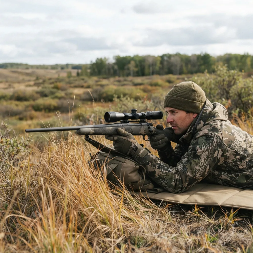 A hunter taking aim at a distant game animal with a mounted scope, field environment.