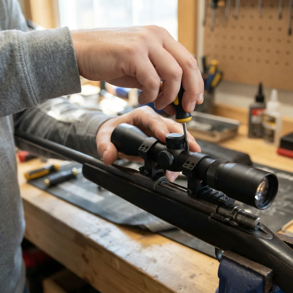 Hands mounting the Simmons Pro Rimfire scope onto a rifle using a torque driver.