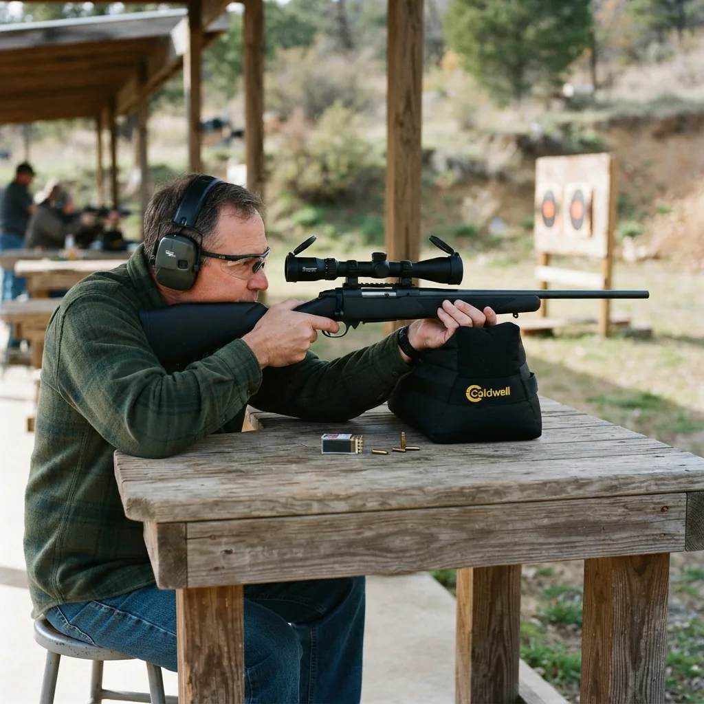A shooter at an outdoor range aiming a rimfire rifle with the Simmons Pro Hunter scope.