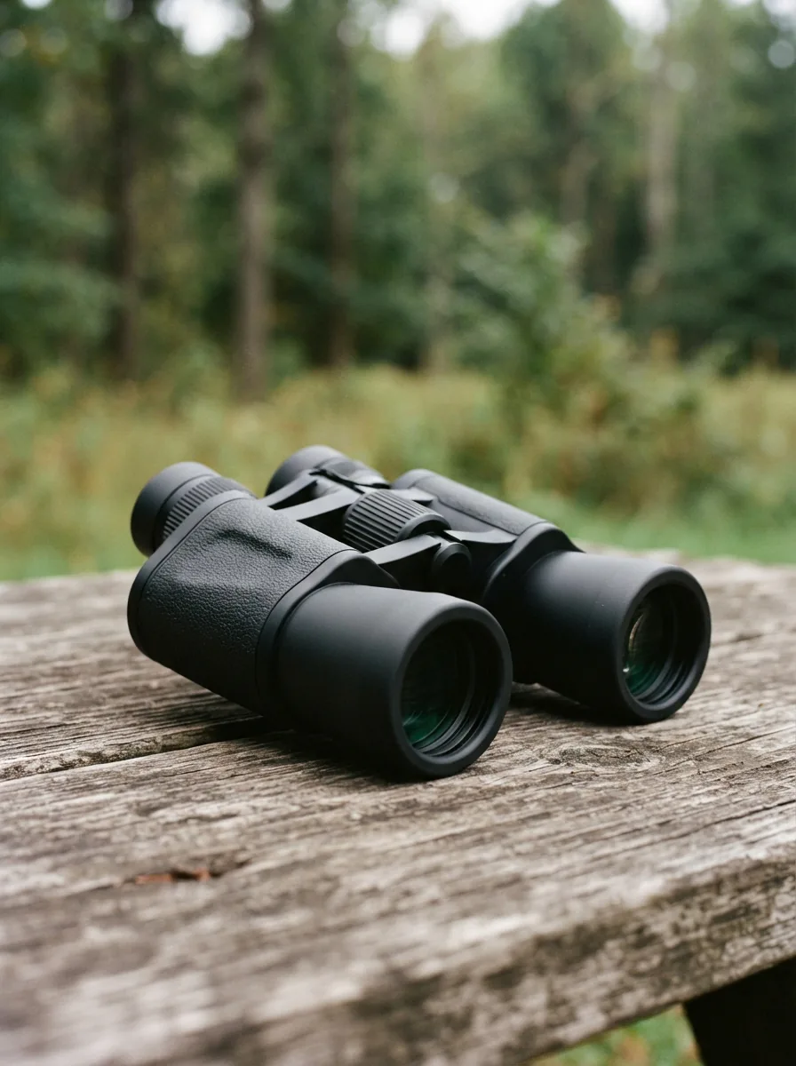 The Simmons 10x50 binoculars displayed prominently on a weathered wooden surface against a blurred outdoor background.