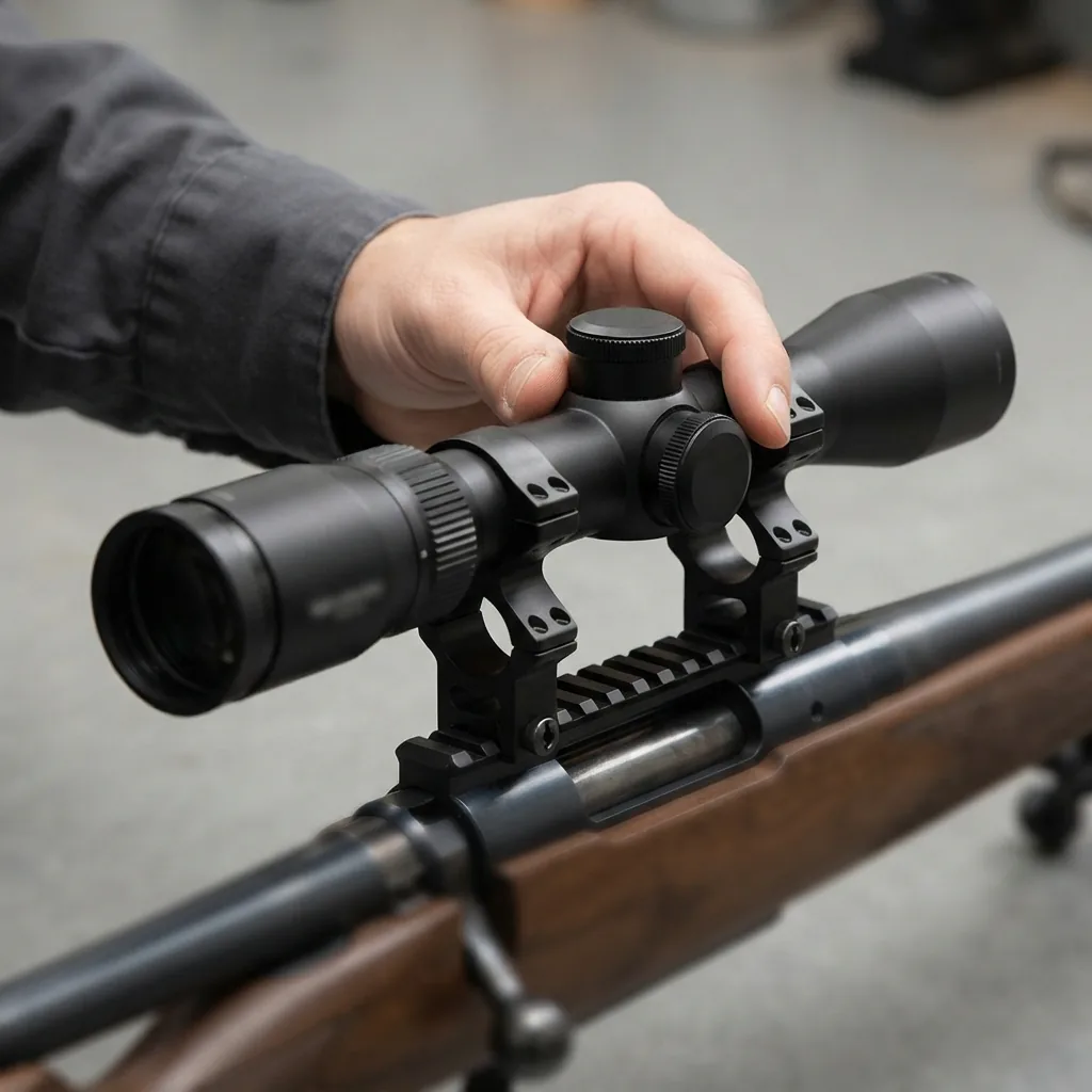 A Simmons riflescope being placed into the mounted rings on a rifle.