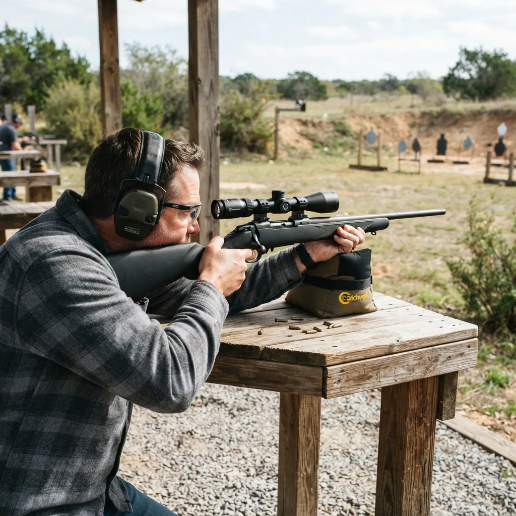 A person at an outdoor shooting range aiming a .22 rifle equipped with a Simmons scope at steel targets