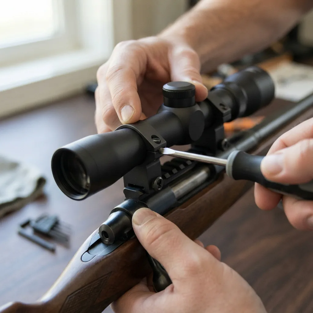 Hands using a screwdriver to tighten a scope ring, mounting the Simmons 8 Point scope onto a rifle.