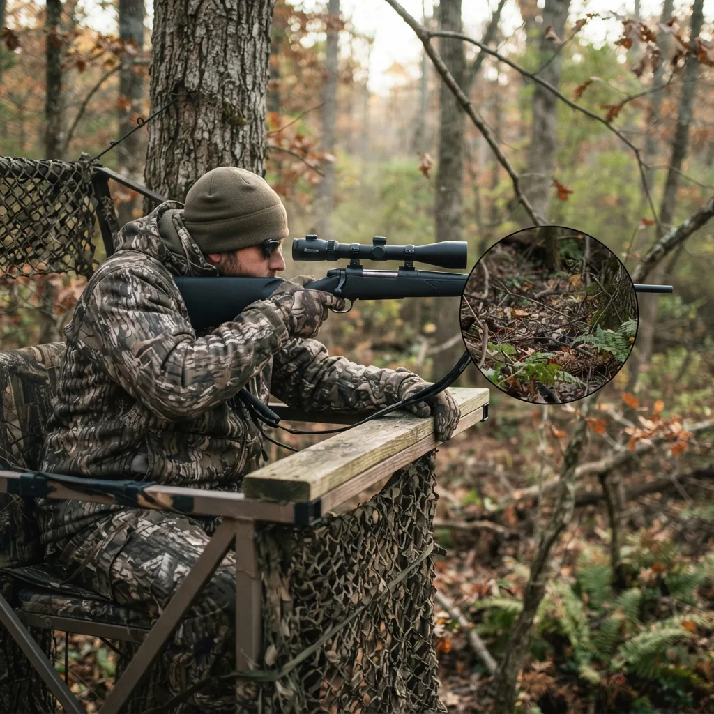 A hunter in a tree stand using the Simmons ProTarget riflescope to scan a wooded area for game.