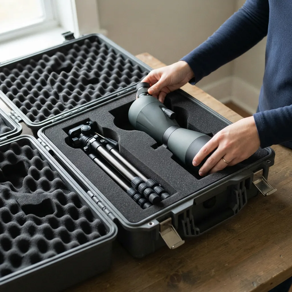 The Simmons Venture spotting scope and its tripod being placed into the hard carrying case for storage.