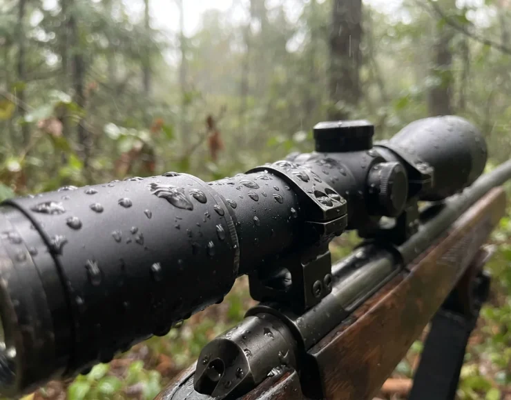 Simmons Pro Hunter riflescope with water droplets on its black aluminum body, showing durability.