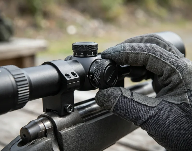 Close-up of the windage adjustment knob on the Simmons 8 Point scope, with a gloved hand turning the tactile dial.